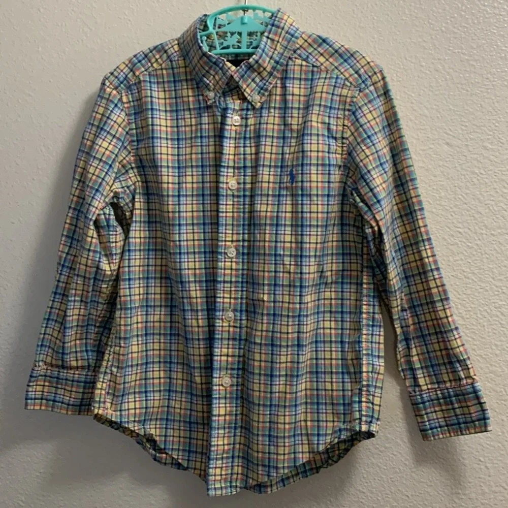Ralph Lauren Plaid Button Down Easter Shirt Blue Yellow Orange Size 4/4T Cotton